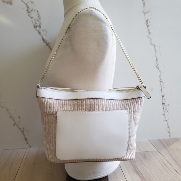 Nanette Lepore Woven Straw Crossbody Bag Gold Chain Strap Beige White Trim - Picture 3 of 8